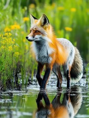 Fototapeta premium A fox wades through shallow water, surrounded by lush greenery and wildflowers.
