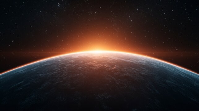 Stunning view of Earth's horizon at sunrise showcasing the vibrant colors of dawn peeking over the atmospheric curve in the vastness of space with twinkling stars