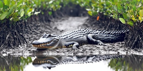 Fototapeta premium A crocodile resting on muddy ground near water, surrounded by lush greenery.