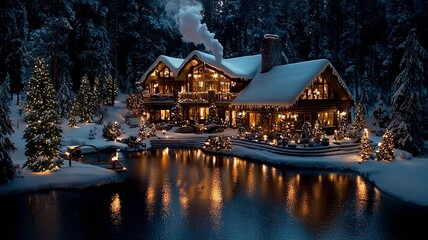 Fototapeta premium A picturesque winter evening featuring three unique homes nestled in snowy landscapes. A luxurious log cabin radiates warmth with its golden lights and intricate woodwork. A charming cottage adorned w