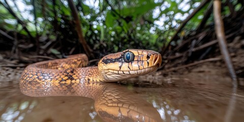 Obraz premium A close-up of a snake in shallow water, showcasing its vibrant colors and reflection.