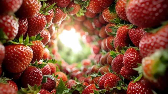 A breathtaking view of a lush strawberry patch filled with ripe strawberries. Sunlight filters through the leaves, creating a warm and inviting atmosphere