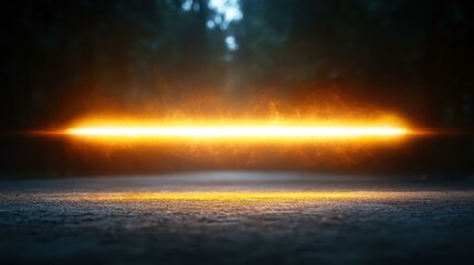 Bright orange glowing futuristic light beam hovering above asphalt road, sci-fi technology concept perfect for digital backgrounds, innovation, gaming, or advertising, dark forest night scene, myster