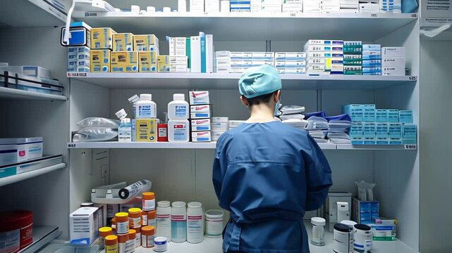 Pharmacist organizing medicine shelves in a sterile hospital storage room