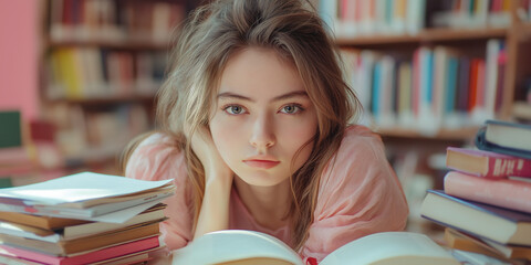 Studying young woman in library focused on books indoor environment intimate viewpoint exploring knowledge and learning