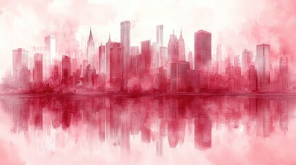 Obraz premium A watercolor depiction of a city skyline in shades of red, reflecting on water.