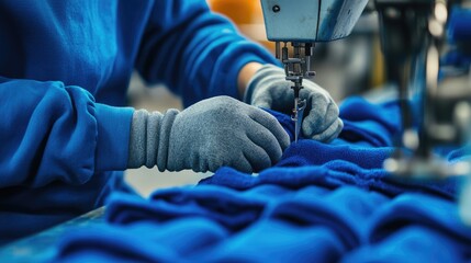 Close-up of Hands Sewing Blue Fabric