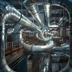 Industrial Ductwork System in Factory Setting Highlighting Ventilation Efficiency and Environmental Control