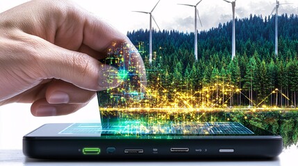 close-up of a hand switching off an electronic device, with a double exposure of a forest and renewable energy sources, illustrating the importance of mindful energy use. [environment]:[Reduce 