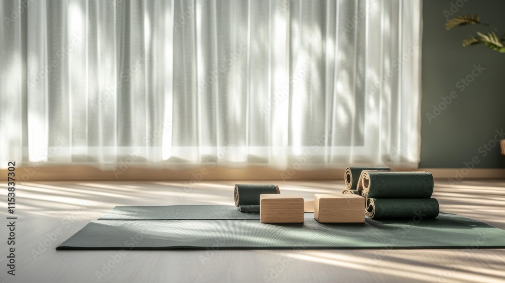 Poster a tranquil yoga mat setup with yoga blocks and straps neatly aligned, a calm, airy space with natura