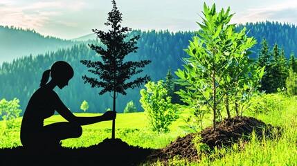 of a person planting a tree, blended with an image of forest growth, symbolizing reforestation efforts. | [environment]:[Reduce carbon footprint] 