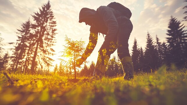 of a person planting a tree, blended with an image of forest growth, symbolizing reforestation efforts. | [environment]:[Reduce carbon footprint] 