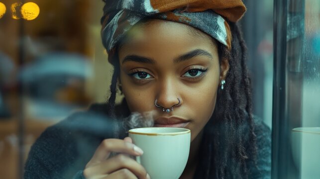 Portrait of young hipster dark-skinned girl with nose-ring and do-rag on her head, enjoying hot coffee or tea, looking through window with pensive expression, thinking and making plans for day