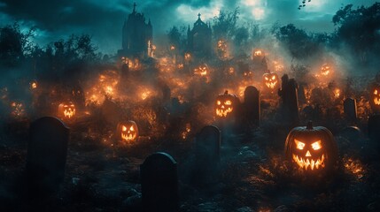 A spooky graveyard scene with glowing jack-o'-lanterns and fog.