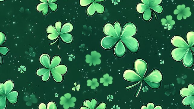 Shamrocks and clovers in a gradient of greens, arranged in a dynamic composition with glowing highlights and subtle shadows, set against a luminous textured background. --ar 16:9 --sref https://s.mj.