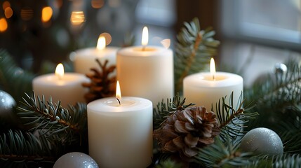 Among the beautiful pine needles are five white christmas candles