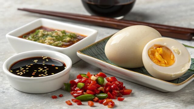 Delicious balut egg accompanied by traditional Filipino dipping sauces and fresh herbs on a textured surface