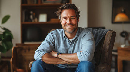 Fototapeta premium Young man portrait in living room interior. He is sitting in armchair in casual clothing and smile. White and good looking with fine hair. American or European