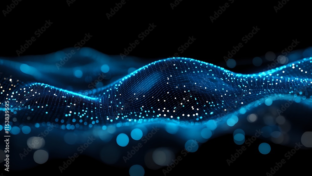 Poster abstract blue particle waves flowing dynamically across dark background, creating a mesmerizing visu