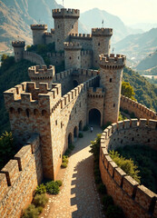 Obraz premium Maze-like fortress walls with tall towers harsh midday sun casting few shadows new image