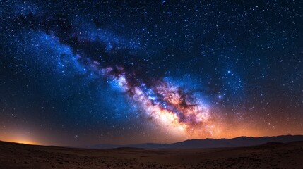 Stunning View of the Milky Way Galaxy Blazing Across a Clear Night Sky, Illuminating Stars and Cosmic Dust Over a Desert Landscape in High-Resolution Photography