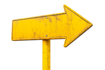 blank yellow rustic metal signpost guide board, old weathered arrow shaped signboard, cutout png