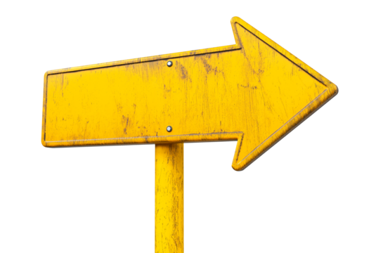 blank yellow rustic metal signpost guide board, old weathered arrow shaped signboard, cutout png