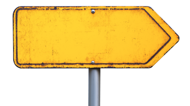 blank yellow rustic metal signpost guide board, old weathered signboard, cutout png