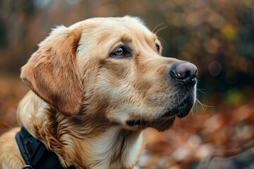 Golden labrador retriever with black collar enjoying autumn day in a forest