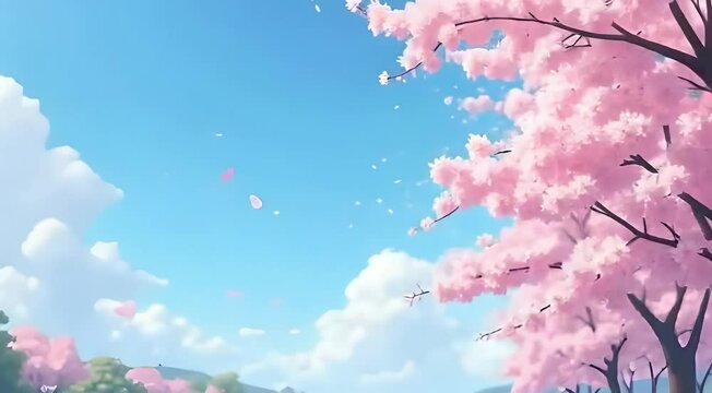 Anime-Style Springtime Park with Cherry Blossoms and Falling Petals