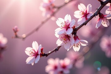 Obraz premium Pink and white cherry blossoms in full bloom on twigs, nature, blooming flowers