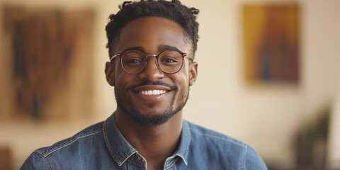 Obraz premium Joyful smiling man in casual attire indoor setting portrait photography warm atmosphere close-up viewpoint positive vibes for engagement