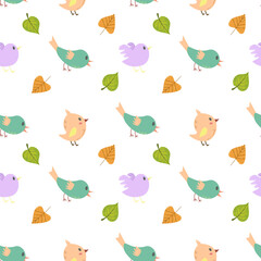 	
Seamless pattern of cute birds. Vector flat design, kids illustration. Cartoon style.	
