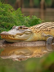 Obraz premium A crocodile resting near water, showcasing its textured skin and reflection in the calm surface.