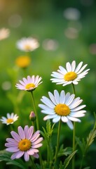 Fototapeta premium Daisies in different stages of blooming in a lawn, daisies, blooming
