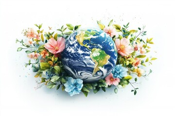 Earth Globe Nestled In Vibrant Spring Flowers Watercolor Style