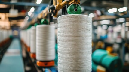 White Yarn Spools in a Factory Setting