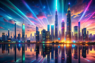 Obraz premium mesmerizing cityscape bathed in iridescent light, showcasing towering skyscrapers reflecting off water. vibrant colors create ethereal atmosphere, captivating viewers