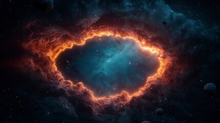 Obraz premium Stunning Cosmic Nebula with Fiery Orange Gas Surrounding a Deep Blue Void, Capturing the Beauty of Outer Space and Celestial Features in High Definition