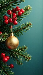 Fototapeta premium Golden ornaments and bright red berries adorn frosty pine branches in a stunning arrangement of color and texture, festive, evergreen, pine
