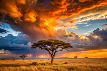 Naklejka premium stunning savanna landscape featuring solitary tree under dramatic clouds, illuminated by warm sunset hues. scene evokes sense of tranquility and awe