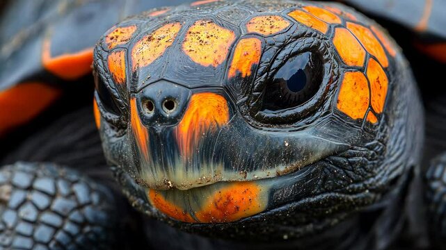 Brightly colored tortoise resting under natural light showcases its unique shell patterns and vibrant features in a lush environment
