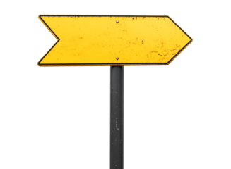 blank yellow rustic metal road sign guide board, old weathered signboard, cutout png