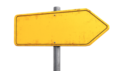 blank yellow rustic metal road sign guide board, old weathered signboard, cutout png