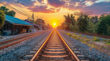 Fototapeta premium Scenic sunset view of train tracks extending to horizon.