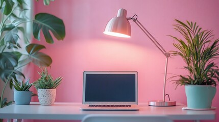 Laptop, desk lamp, and plants on a pink desk.