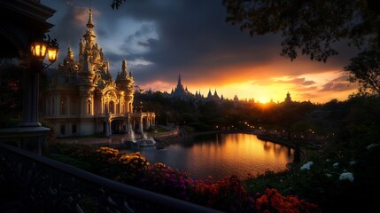 Obraz premium Golden Castle at Sunset: A Fairytale Landscape