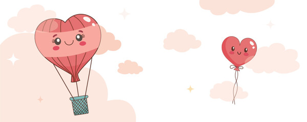 Panoramic banner for Valentine's Day. With pink clouds and empty space for your text. Background for poster, celebration, website, printing. Vector graphics.