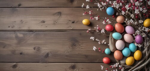Obraz premium Colorful eggs arranged artistically with flowering branches on weathered wood , rustic wood, artistic, holiday