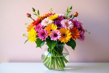 Colorful flowers blooming in a round glass vase, arrangement, vase, colorful